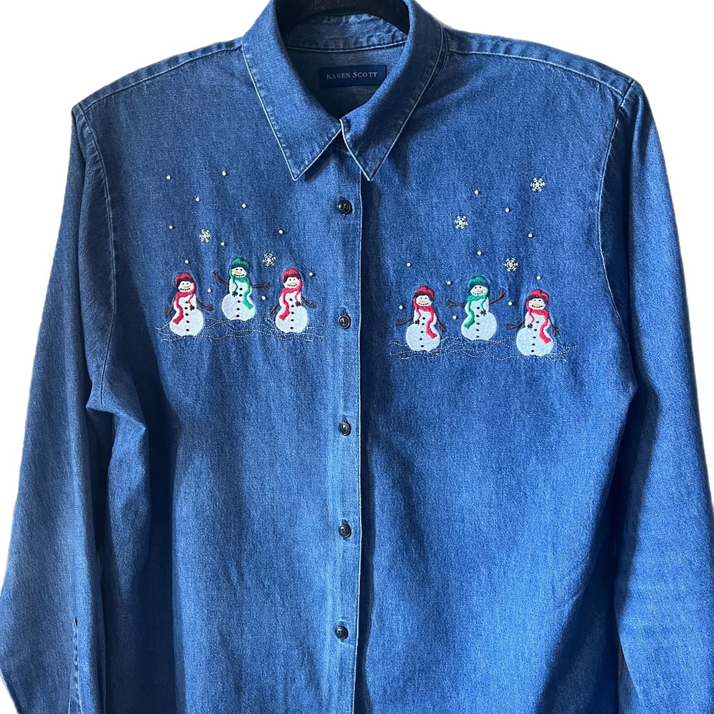 Denim Christmas embroidery pearls Cotton Vintage shirt Shacket blouse top